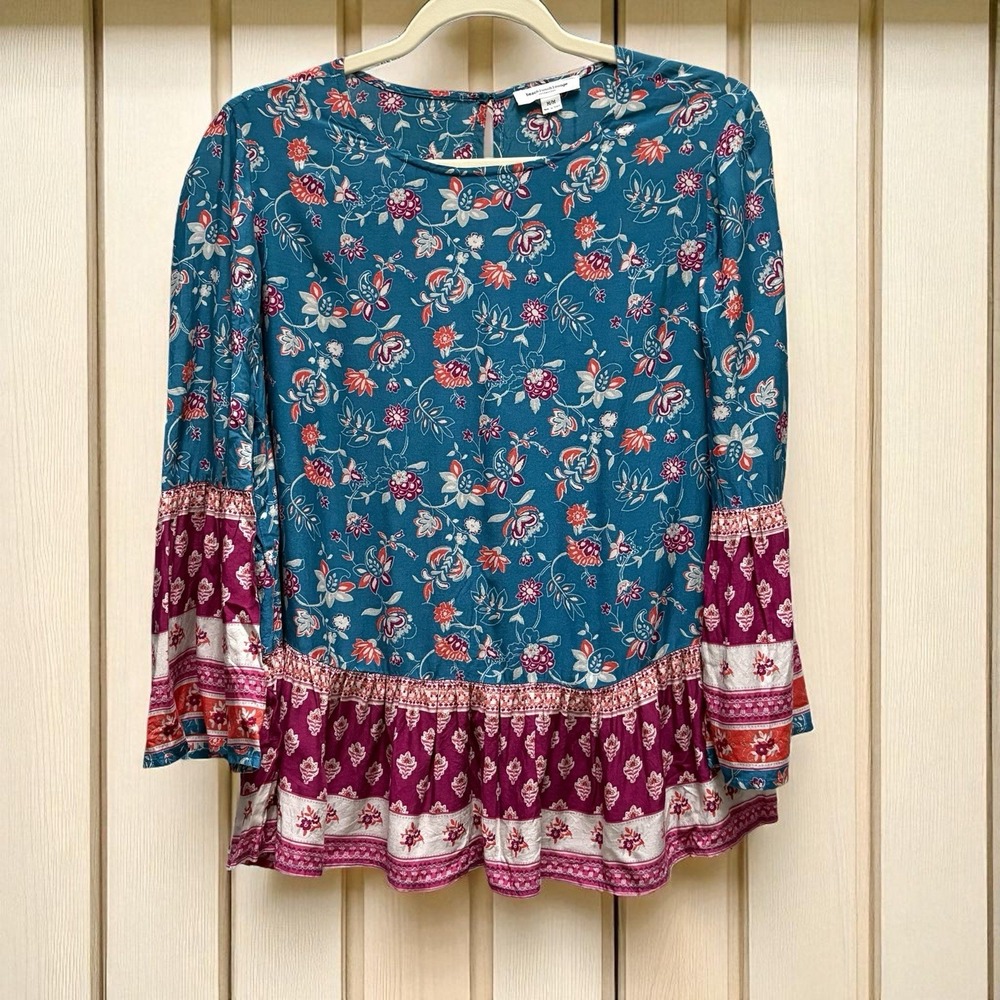 Beach Lunch Lounge Teal Floral Boho Lightweight Bell Sleeve Top Sz M